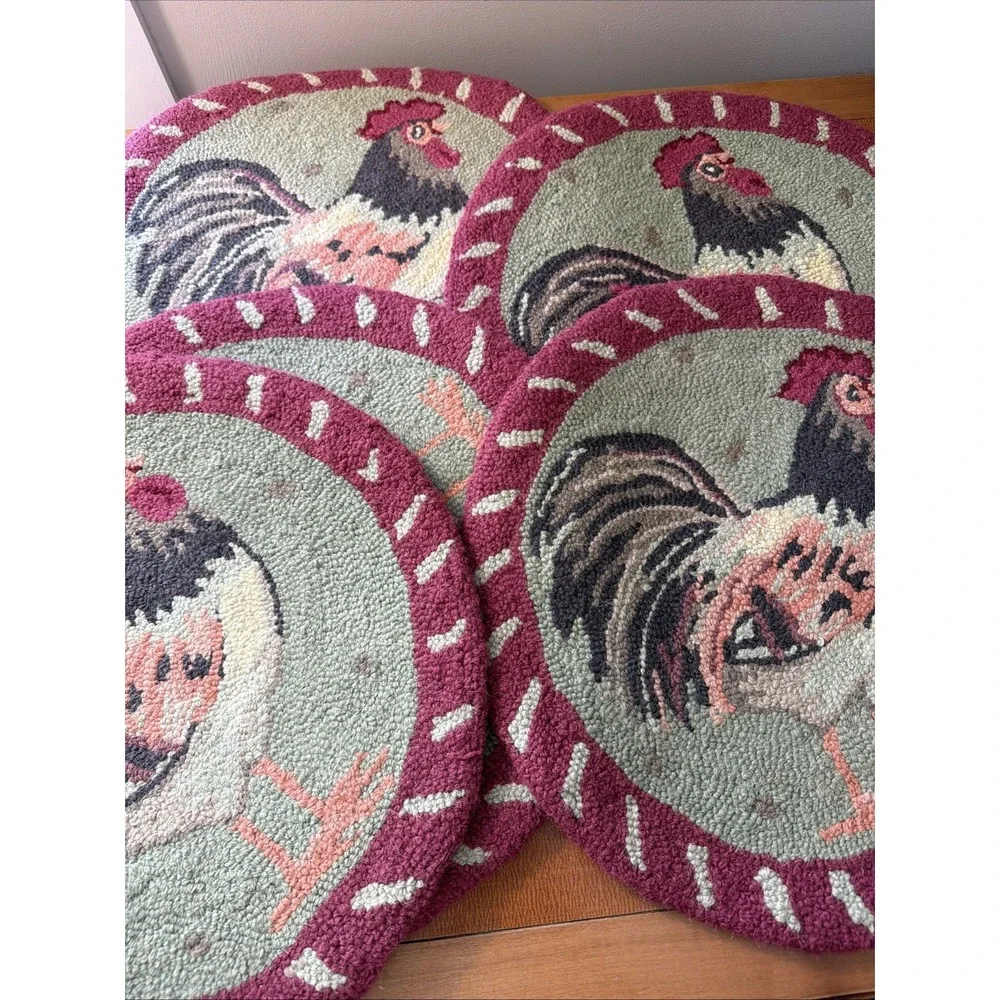 Set Of 5 Hooked Rug Rooster Chair Pads NWOT‎
